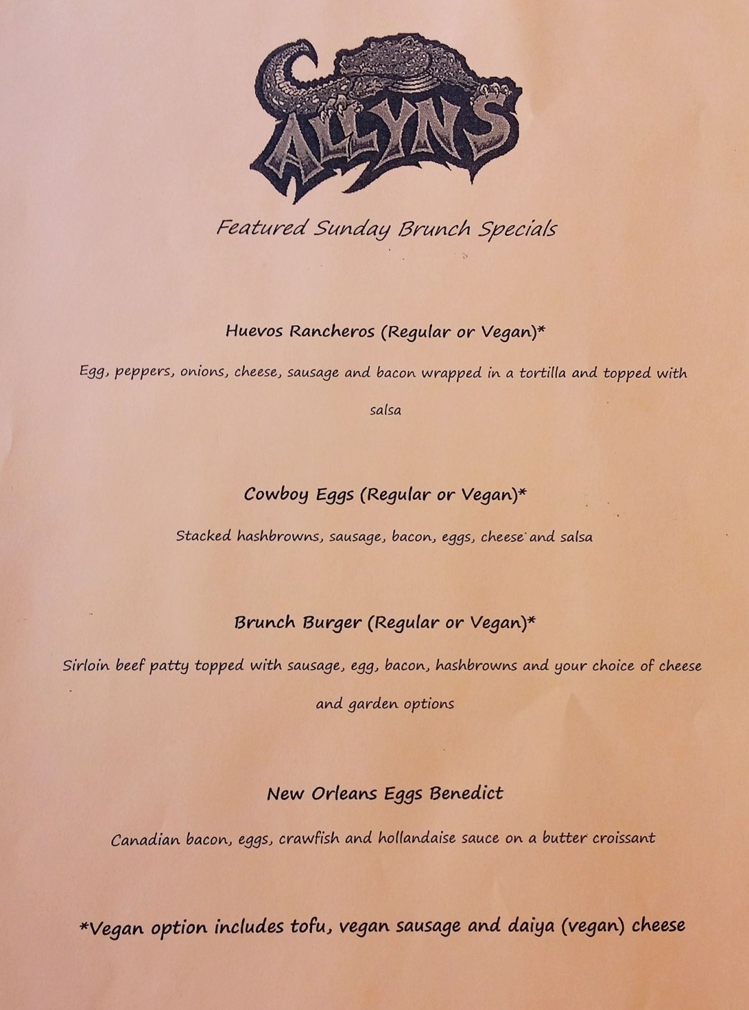 Allyn's Cafe Sunday Brunch Menu Cincinnati Vegan